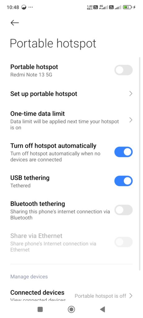 Select USB Tethering option