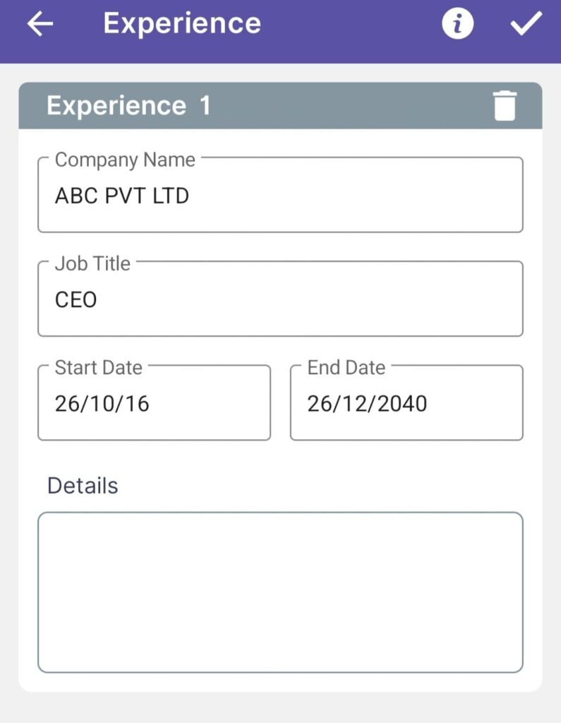 Fill Experience Details