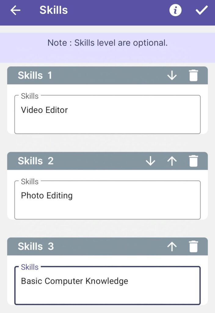 Fill Skills Details in Resume Builder App